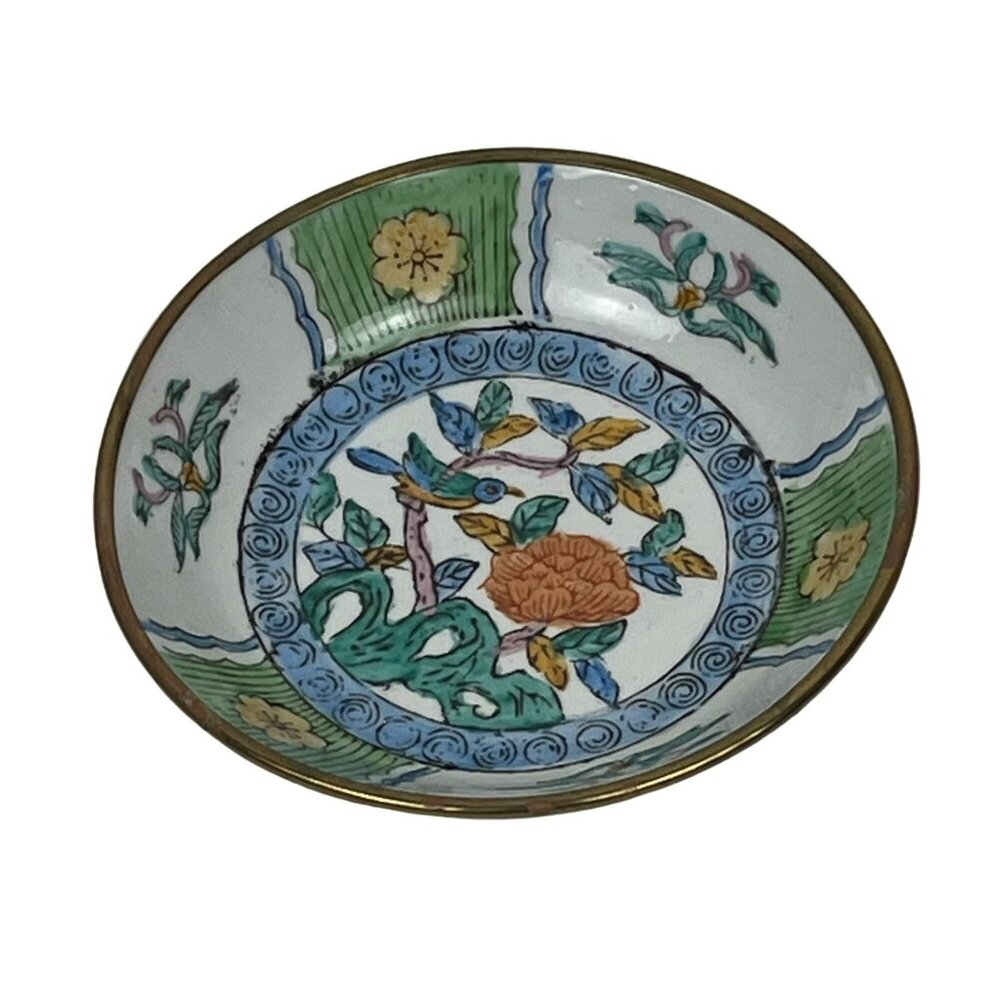 Vintage Brass-Encased Porcelain Bowl Hand-Painted Floral - Picture 2 of 5